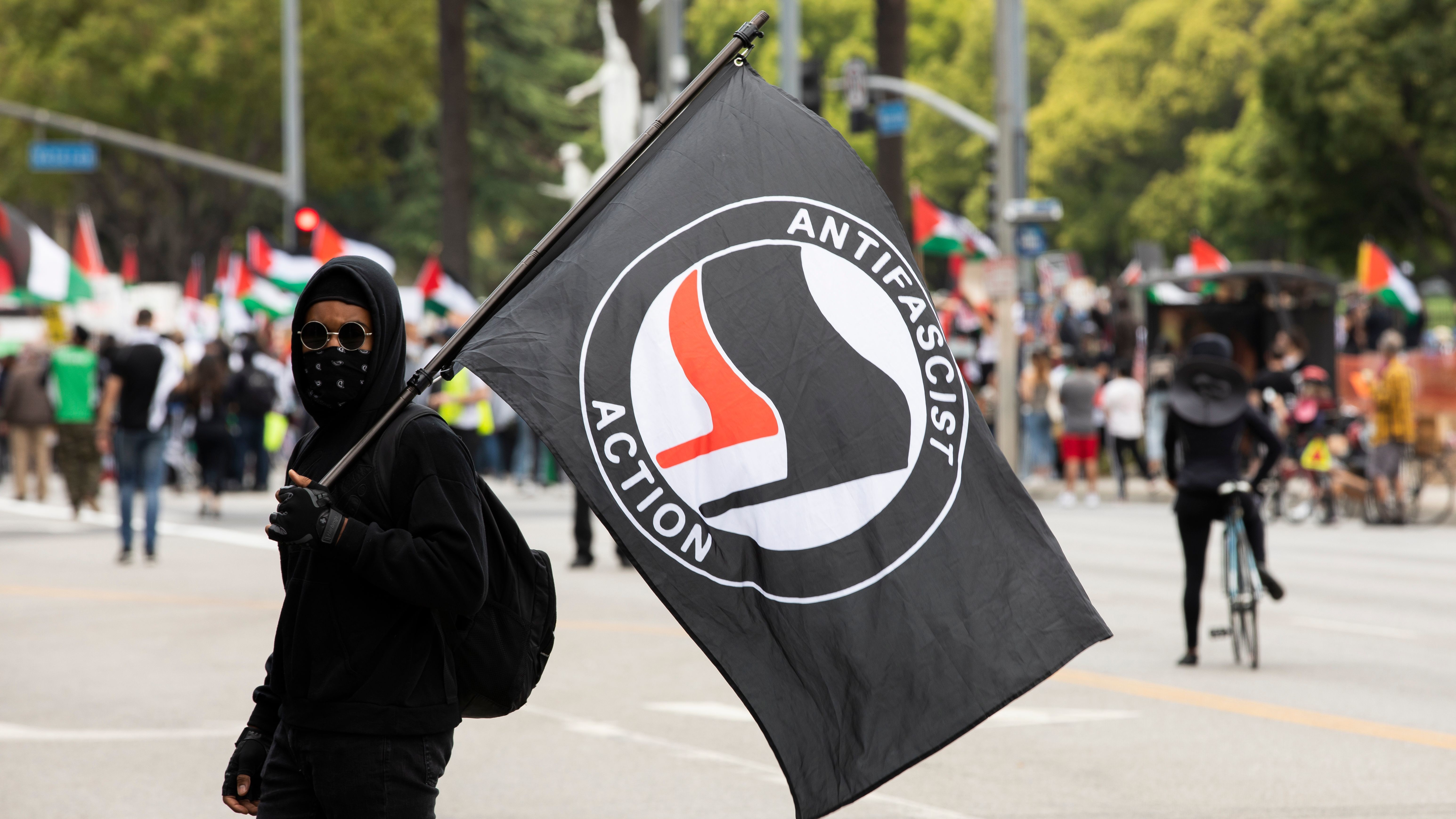 ShutterStock - Los Angeles, California, USA - May 15, 2021: An Antifa member carries a flag during a protest.
